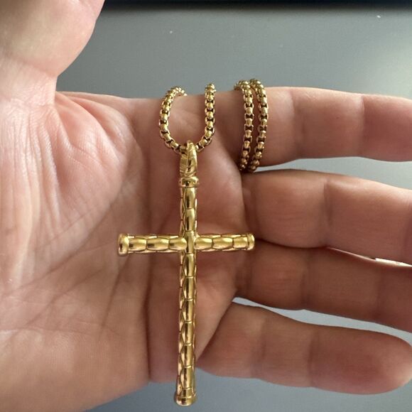 Vintage Jewelry Silver Gold Religious Cross Pendant 2.5 Inch Stainless Steel - Picture 5 of 6